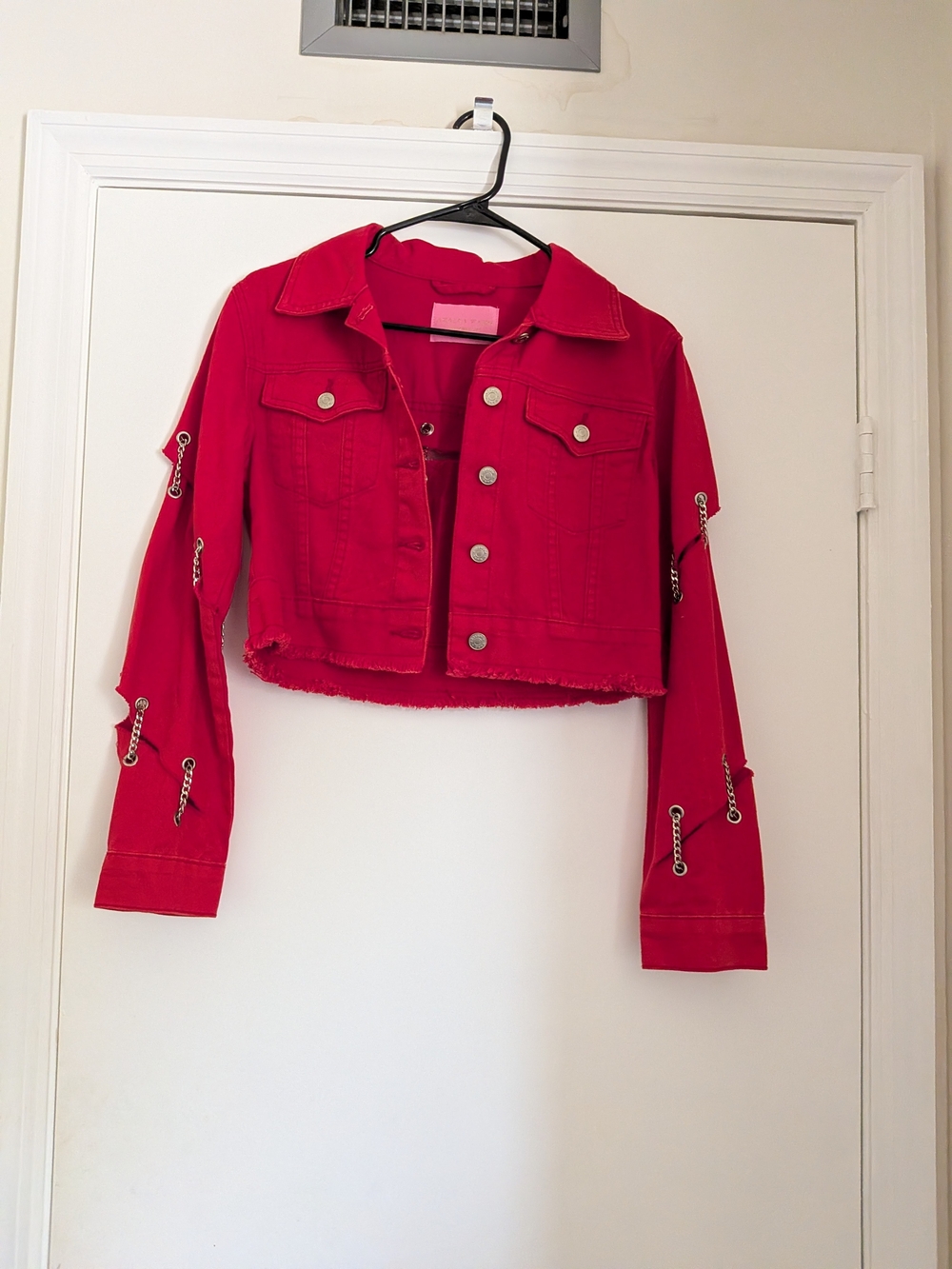 Cropped Red Women's Denim Jacket with Chain Accents